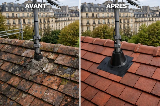 Reprise d’étanchéité autour d’antenne TV en toiture à Langon – Rénovation 33